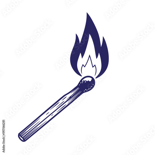 match stick with flame burning on white background