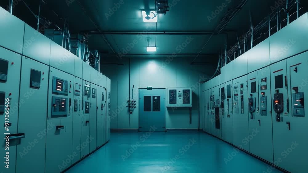Control Room Panel Process Control room panels line an industrial corridor with glowing monitors ...