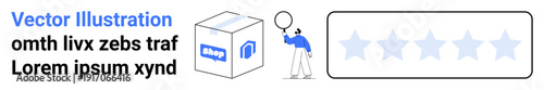 Customer inspecting a delivery package with a magnifying glass next to a five-star rating scale. Ideal for reviews, feedback, e-commerce, online shopping, quality control, user experience, and simple