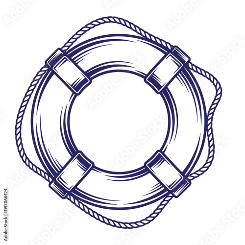 Nautical lifebuoy with rope and buckles for sailing safety equipment  maritime rescue symbol
