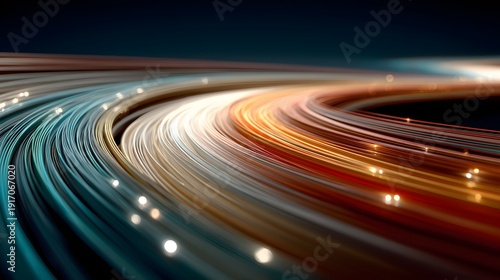 Dynamic swirling optical fiber data streams glowing brightly in a dark digital space showing high speed connection and modern technology