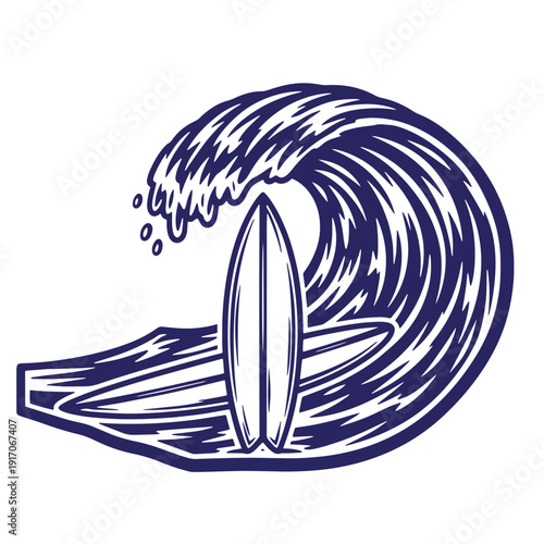 Surfboard standing in ocean wave with white and blue color  surfing sports equipment in sea swell