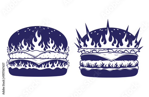 Two blue flame grilled hamburger icons with white flames on buns and beef patties