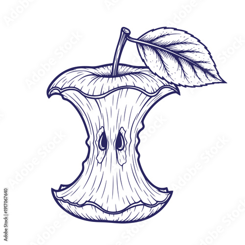 Grunge texture A detailed illustration of a rotten apple with a leaf on top and a worm hole in the middle  closeup of a spoiled fruit Vintage Style