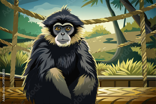 Black gibbon ape sitting on rope inside zoo enclosure alert primate portrait natural pose wildlife conservation setting detailed fur