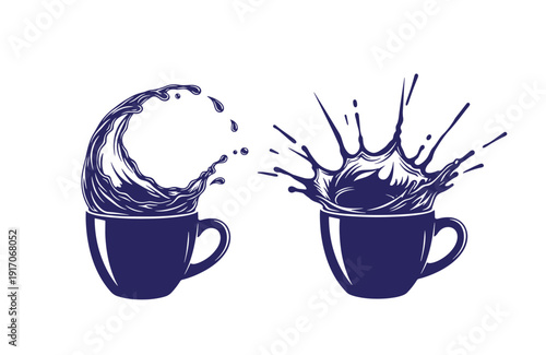 Two dark blue coffee cups with water splashing out of them on white background  liquid movement