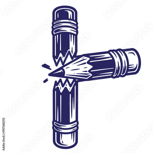 Two pencils crossing each other with one pencil breaking in half  creative collision