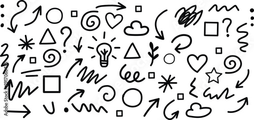 A collection of hand drawn doodle icons and symbols