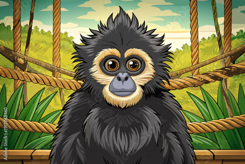 Black gibbon ape sitting on rope inside zoo enclosure alert primate portrait natural pose wildlife conservation setting detailed fur