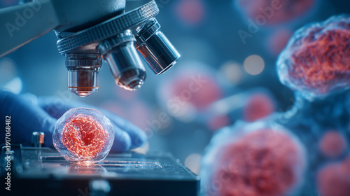 Scientists observe cells using a microscope in a laboratory setting.