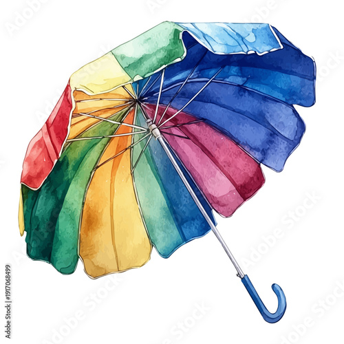 Colorful Beach Umbrella Scene, clipart watercolor vector, isolated on a white background.