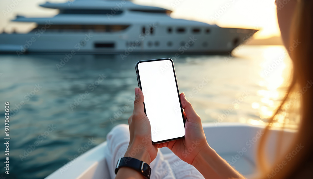 Naklejka premium Woman holds blank screen phone on yacht. Luxury cruiser on sea background. Sunset glow reflects on water. Person uses mobile device during vacation trip.