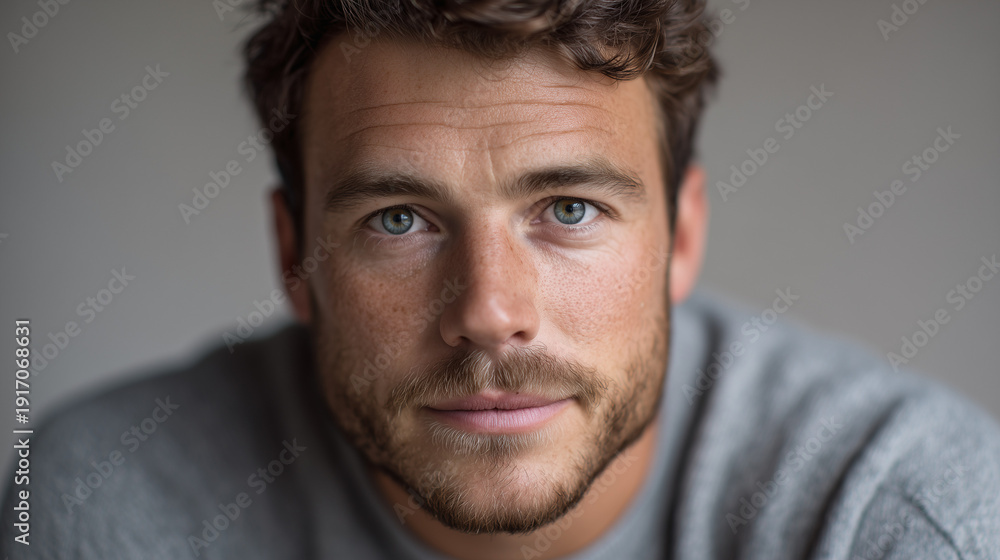 Fototapeta premium Man Grey T-Shirt Relaxed Portrait Beige Background