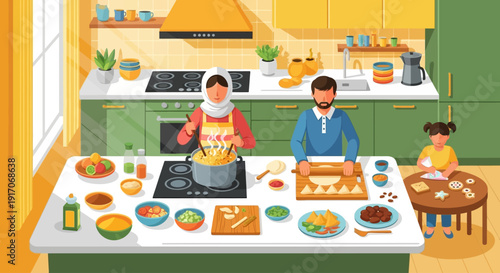 Family gathering in kitchen for Eid al Fitr celebration with traditional Eid food and festive feast together