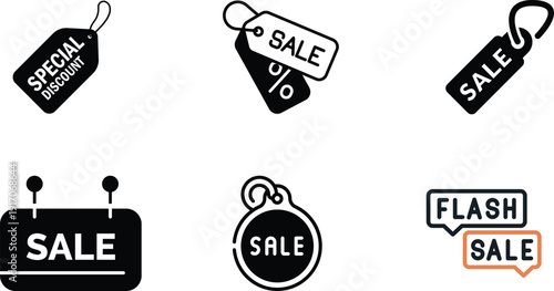 Sale and Discount Tag Icons Set Black and White Special Offer Flash Sale Labels