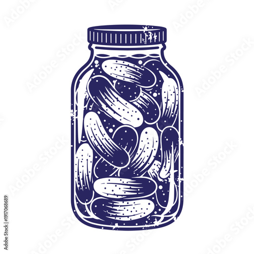 Grunge texture Blue and white illustration of a jar filled with oval pills or capsules on white background Vintage Style