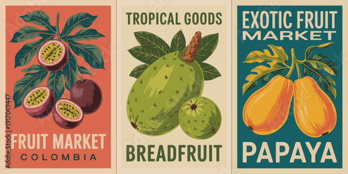 Fruit Market Colombia poster, white capital typography with green breadfruit illustration