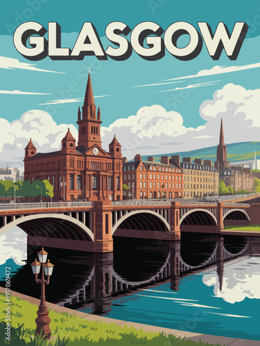 Glasgow poster, bold white 3D lettering with drop shadow and grassy embankment scene