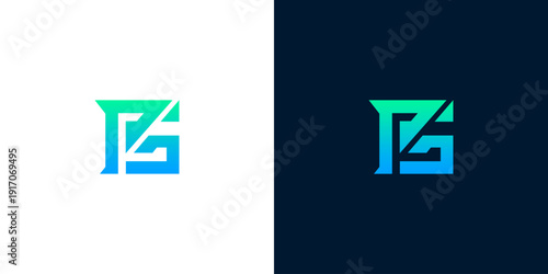 Stylish Monogram Logo Design Featuring Interlocking Letters PS in Modern Gradient Colors on White and Dark Blue Backgrounds