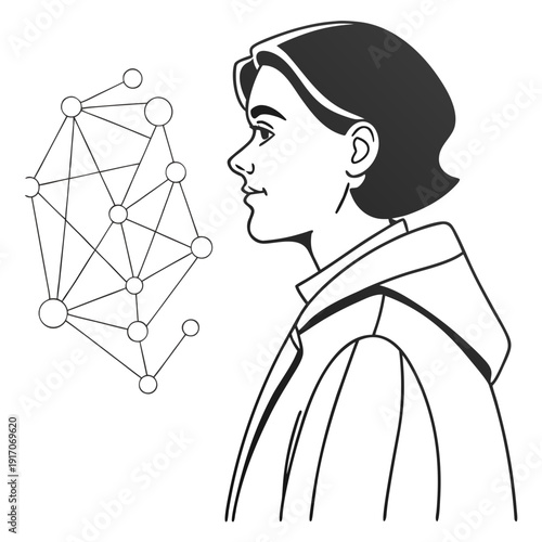 Woman contemplating complex network structure thoughtfully
