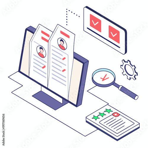 Business professional reviewing documents on computer with checklist and rating