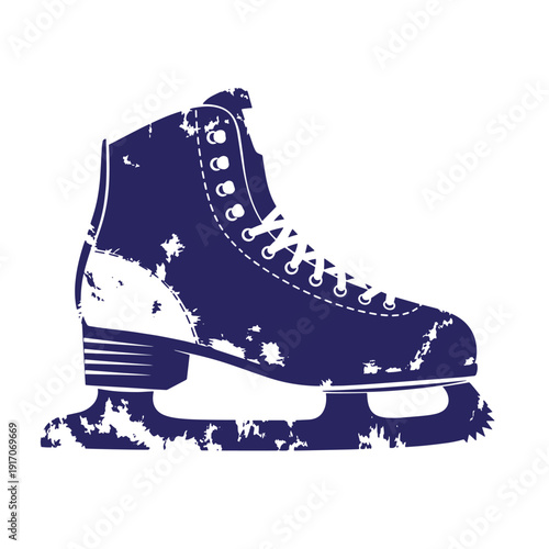 Grunge texture Grungy ice skate with laces and blades in dark blue silhouette on white background Vintage Style