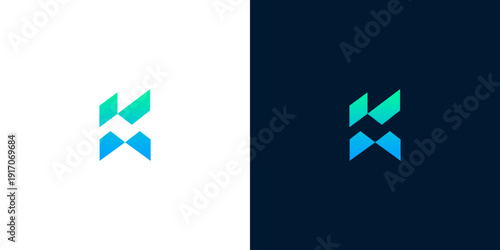 Geometric K Letter Logo Design - Modern Abstract Shape on White and Dark Blue Backgrounds