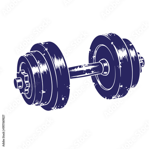 Grunge texture Gym equipment weight dumbbell for exercise and fitness training with heavy metal weights  a blue illustration Vintage Style