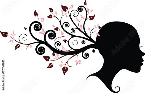 tree with female face holding dandelion flowers, vector
