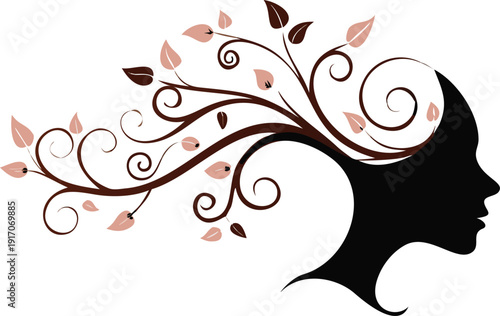 tree with female face holding dandelion flowers, vector
