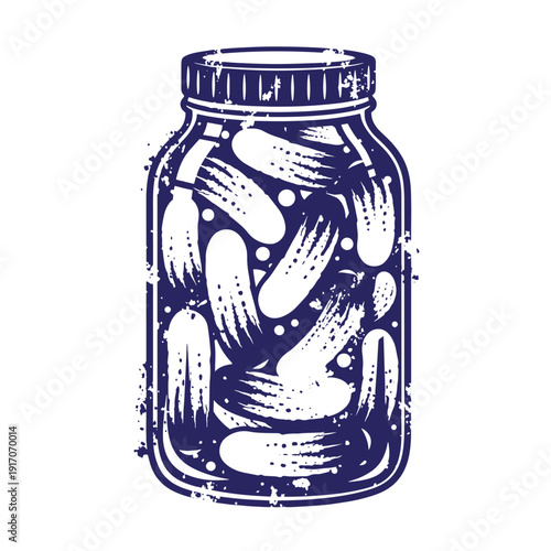 Grunge texture Pickled cucumbers in a glass jar with a screw top lid  illustration of a jar filled with pickles Vintage Style