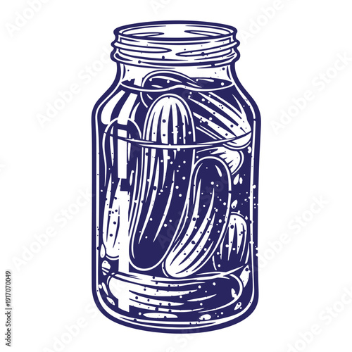 Grunge texture Pickled cucumbers in a glass jar with a screwtop lid on white background  a jar filled with pickles Vintage Style