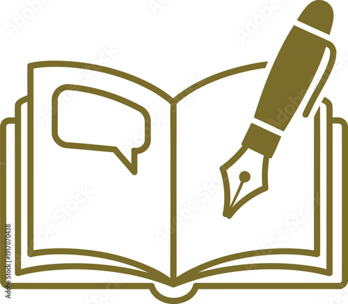 An illustration of an open book with a pen on top symbolizing writing learning and literature in a simple line art style