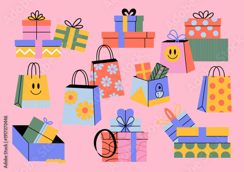 retro cartoon gift boxes, shopping bags, and packaging details, featuring holiday paper bags and decorative boxes, perfectly curated for a festive holiday shopping set.