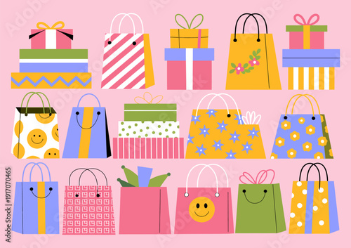 retro cartoon gift boxes, shopping bags, and packaging details, featuring holiday paper bags and decorative boxes, perfectly curated for a festive holiday shopping set.