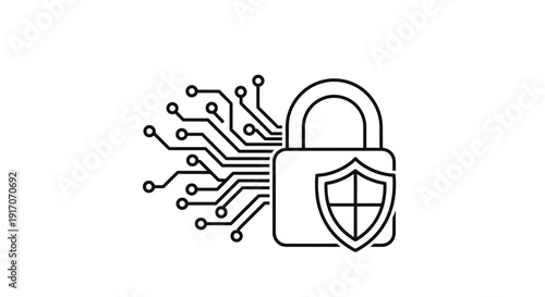 Digital security concept a padlock with circuit board lines and shield
