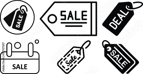 Sale Tag and Discount Label Icons Set Black Line Retail Deal Symbols Collection