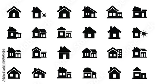 Simple black house icons depict various residential.