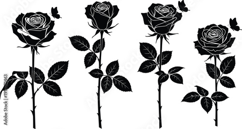 Vector, black, silhouette, set, of, beautiful, blooming, roses, with, long, thorny, stems, and, fluttering, butterflies, for, romance, wedding, and, floral, nature, design, elements, isolated (24 word