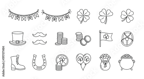 Saint Patrick's Day icons include hats, coins, and luck.