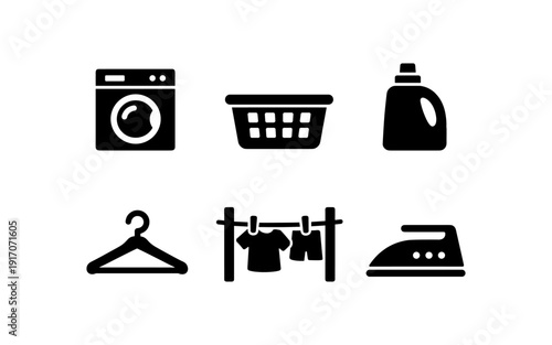 Set of black icons representing laundry and cleaning tasks for household chores