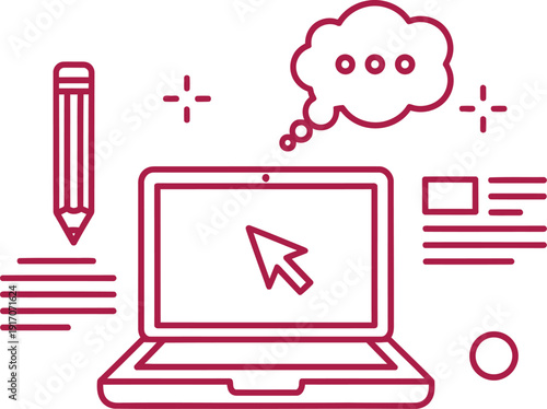 A laptop with a cursor on the screen surrounded by a pencil speech bubble and various symbols