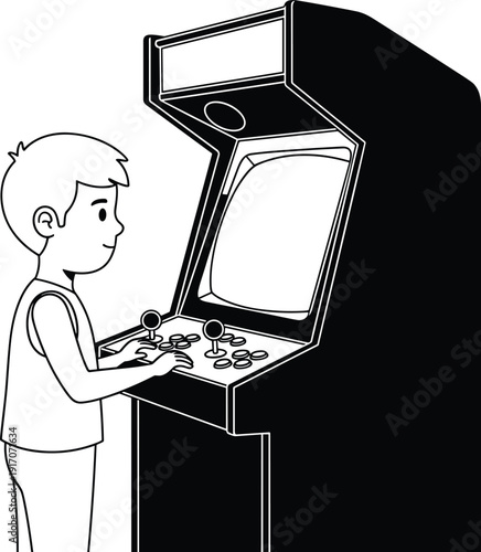A Young Boy Playing a Retro Arcade Machine Console in a Simple Black and White Line Art Style Vector Illustration
