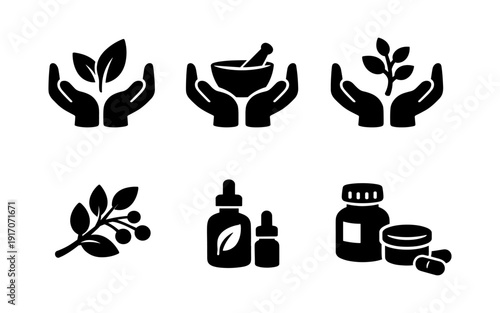 Collection of icons representing natural medicine, herbal remedies, and organic health products