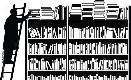  Black silhouette of a librarian on a ladder reaching for books on high wooden shelves in a classic vintage library.