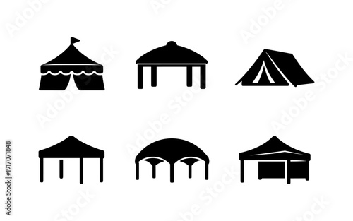 Collection of diverse tent and canopy icons for outdoor events and camping adventures