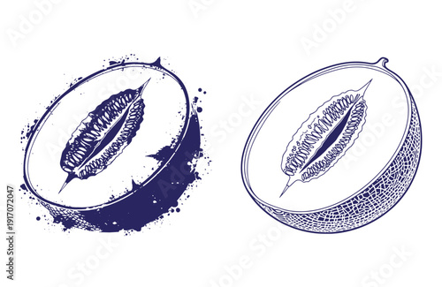 Grunge texture Blue illustrations of coconut halves with and without grunge effect on white background  tropical fruit designs Vintage Style