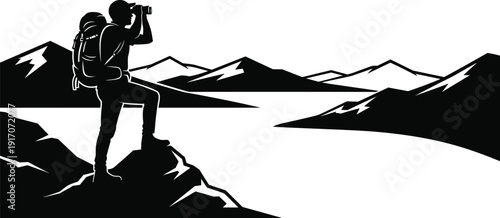 Hiker Silhouette With Backpack Standing on a Mountain Peak Looking Through Binoculars at Landscape Flat Vector Illustration