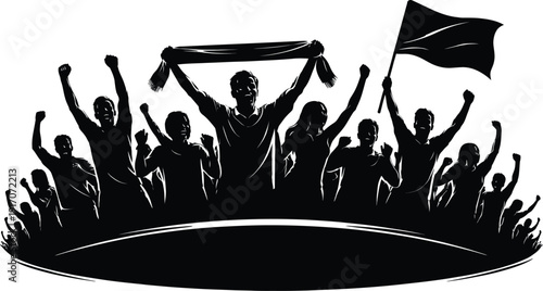 Cheering Crowd Silhouette Raising Fists and Flag Vector Illustration