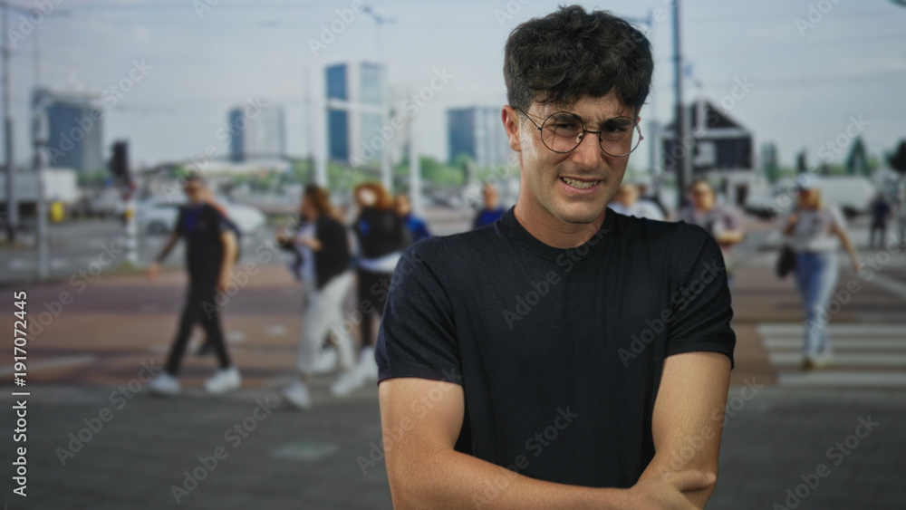 Fototapeta premium Man clutching his left arm and grimacing on a street crosswalk amid blurred pedestrians; discomfort vulnerability.